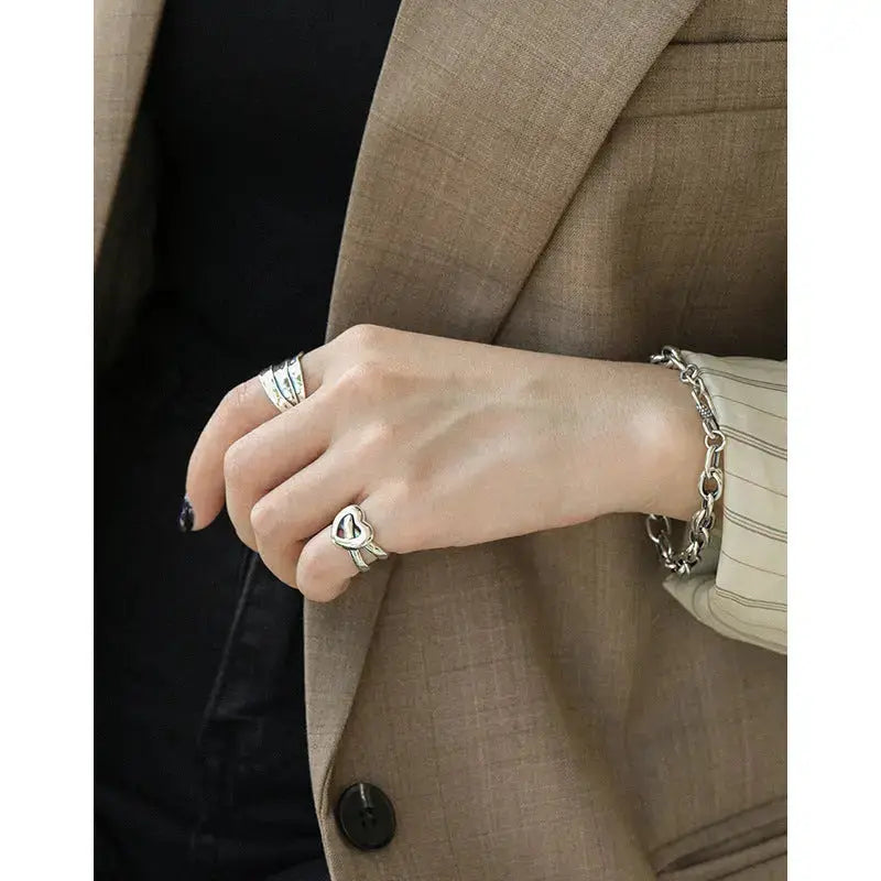 Lovcia Vintage Double Layers Cross Heart 925 Sterling Silver Adjustable Ring-Rings-Vintage-Vintage