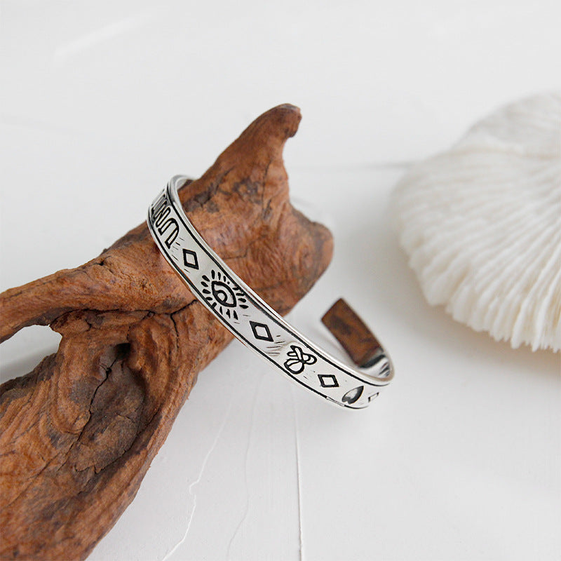 Lovcia Vintage Eye Heart 925 Sterling Silver Open Bangle-Bracelets-Vintage-Vintage