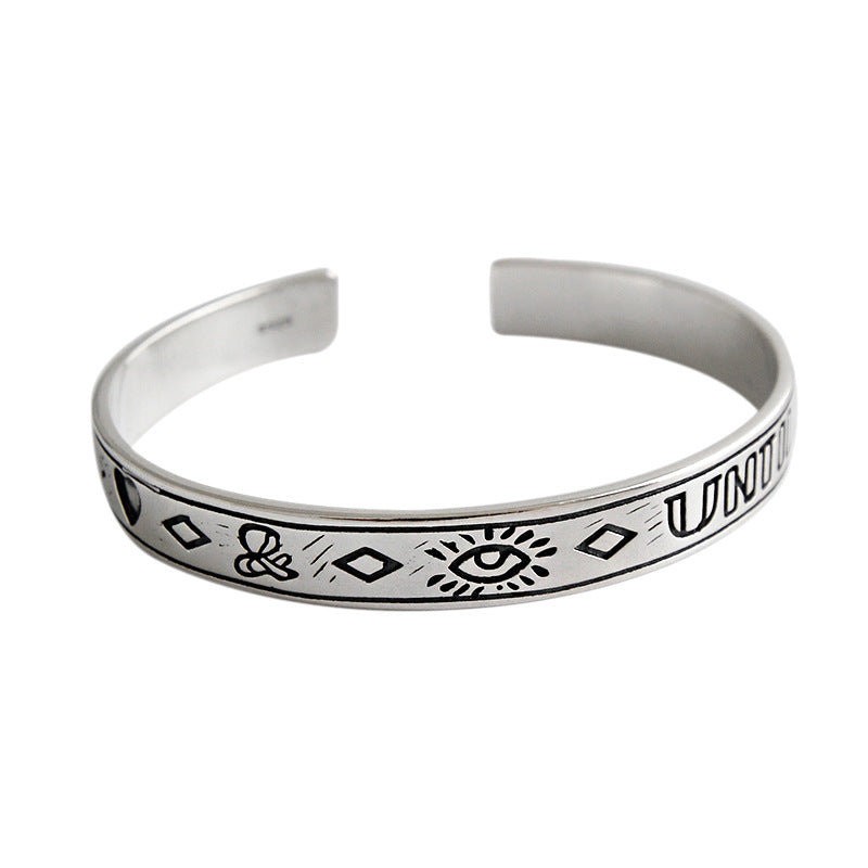 Lovcia Vintage Eye Heart 925 Sterling Silver Open Bangle-Bracelets-Vintage-Vintage
