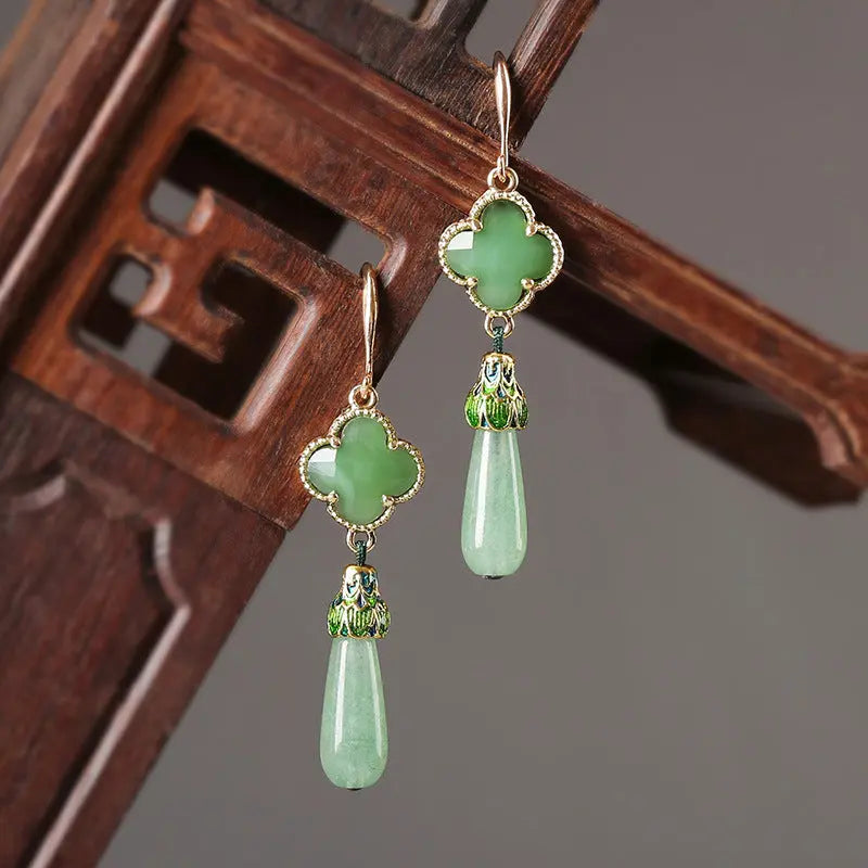Lovcia Vintage Green Jade and Cloisonné Sterling Silver Earrings-Earrings-Ear hook-Ear hook