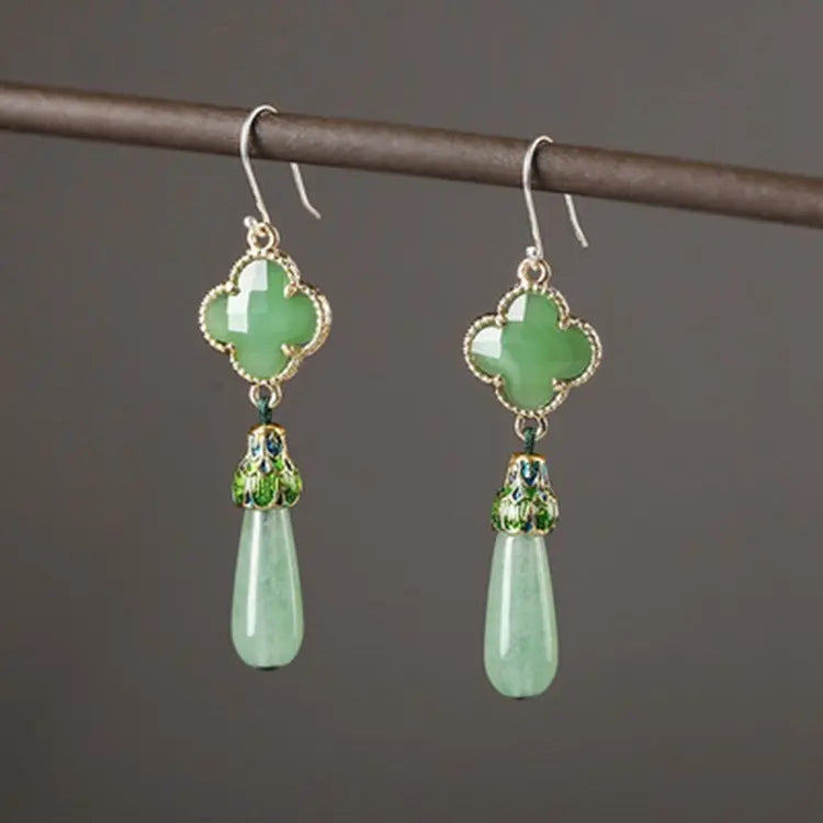 Lovcia Vintage Green Jade and Cloisonné Sterling Silver Earrings-Earrings-Silver ear hook-Silver ear hook