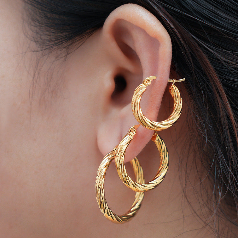 Lovcia Vintage-Inspired Round Twill Stainless Steel Hoop Earrings for Women-Earrings-Golden Suit-Golden Suit