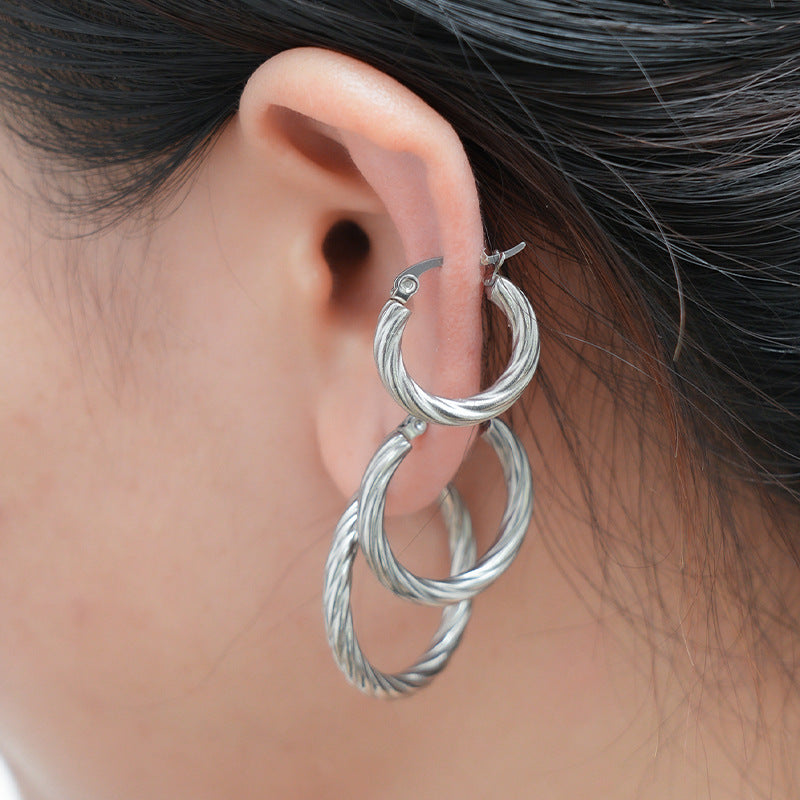 Lovcia Vintage-Inspired Round Twill Stainless Steel Hoop Earrings for Women-Earrings-Steel Color Suit-Steel Color Suit