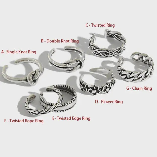 Lovcia Vintage Knot Twisted Flowers 925 Sterling Silver Adjustable Tail Joint Ring-Rings-A- Single Knot Ring-A- Single Knot Ring