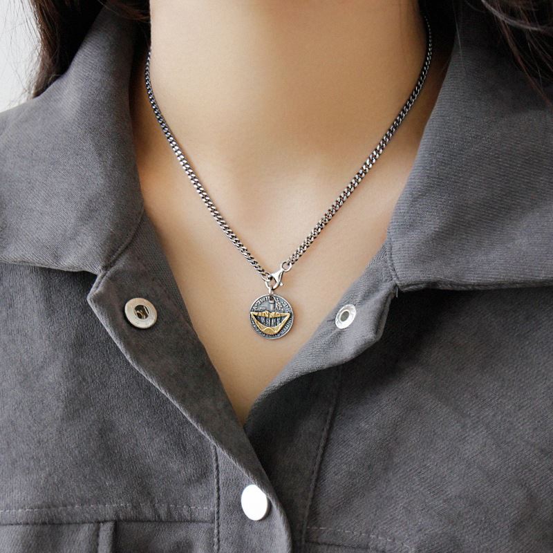 Lovcia Vintage Lip Portrait Coin Pendant 19mm 925 Silver-Charms & Pendants-420Mm Chain Only-