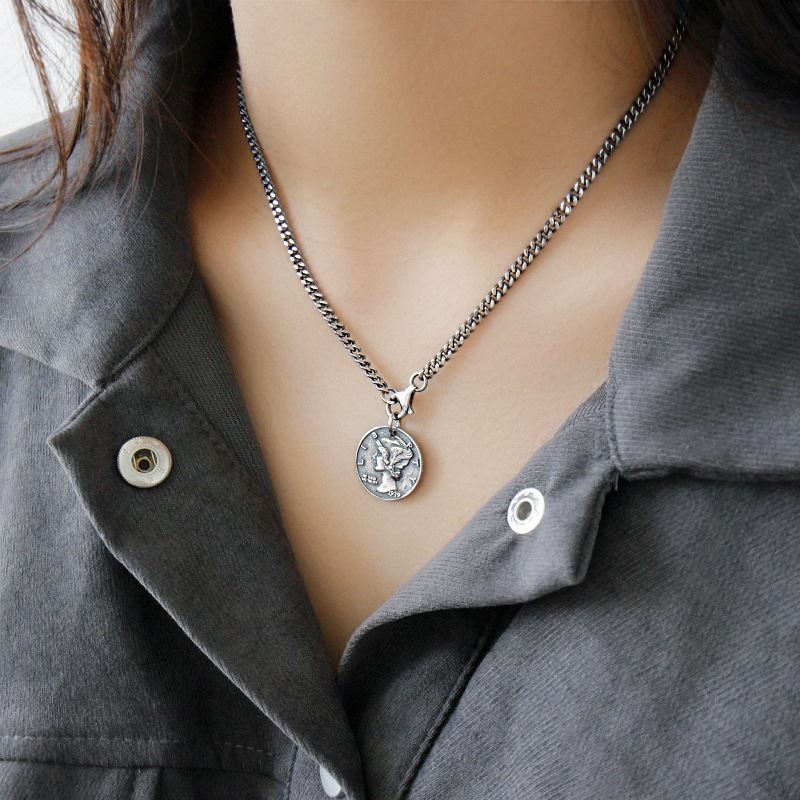 Lovcia Vintage Lip Portrait Coin Pendant 19mm 925 Silver-Charms & Pendants-420Mm Chain Only-