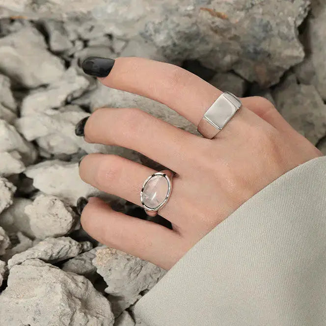 Lovcia Vintage Oval Natural Crystal 925 Sterling Silver Adjustable Ring-Rings-Vintage-US 5-Vintage