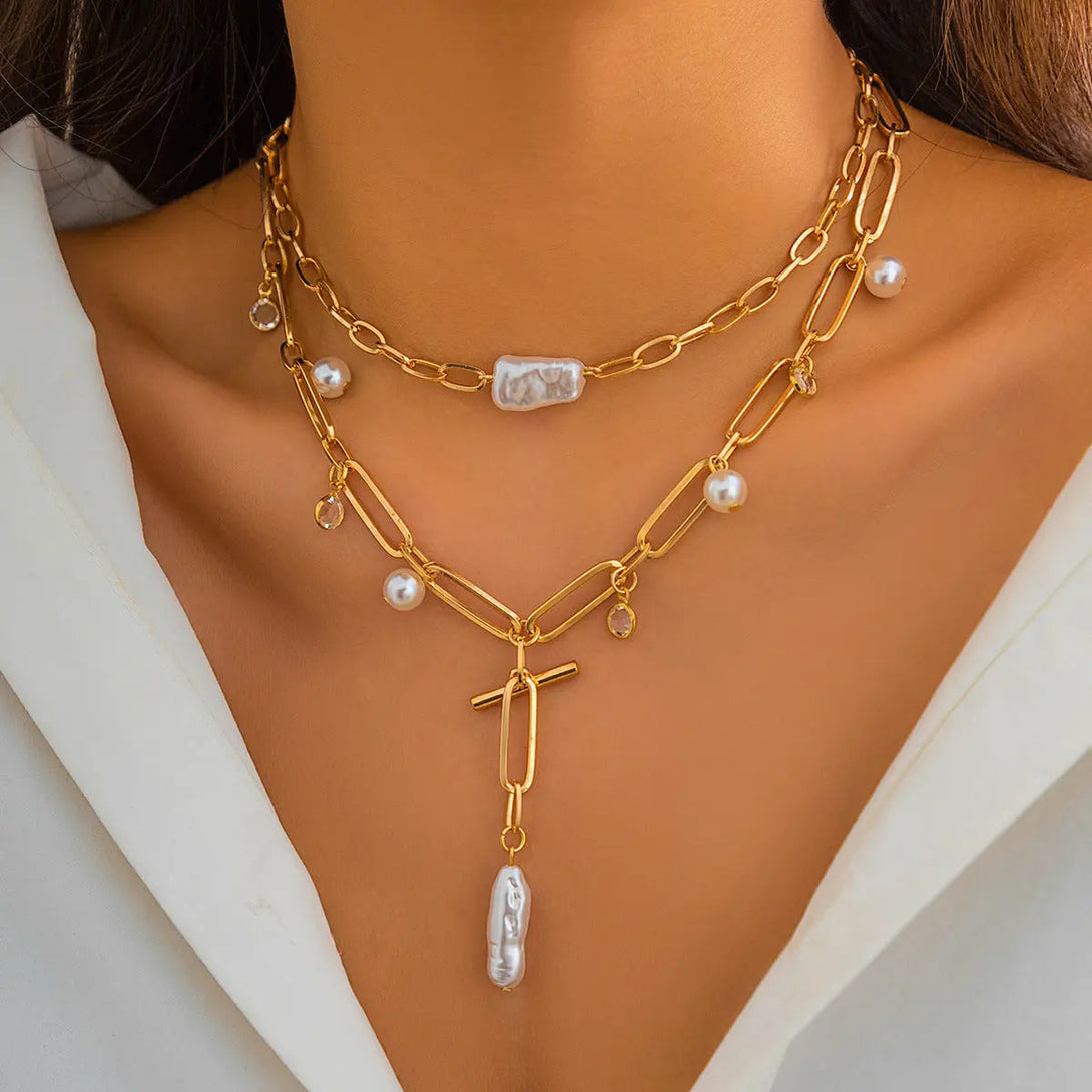 Lovcia Vintage Pearl Baroque Speciality Twin Necklace for Women-Necklaces-Gold 4230-Gold 4230
