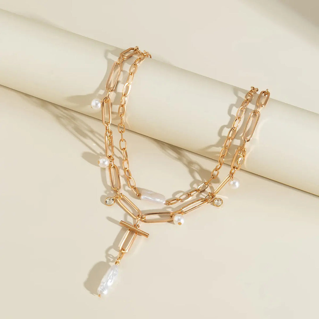 Lovcia Vintage Pearl Baroque Speciality Twin Necklace for Women-Necklaces-Gold 4230-Gold 4230
