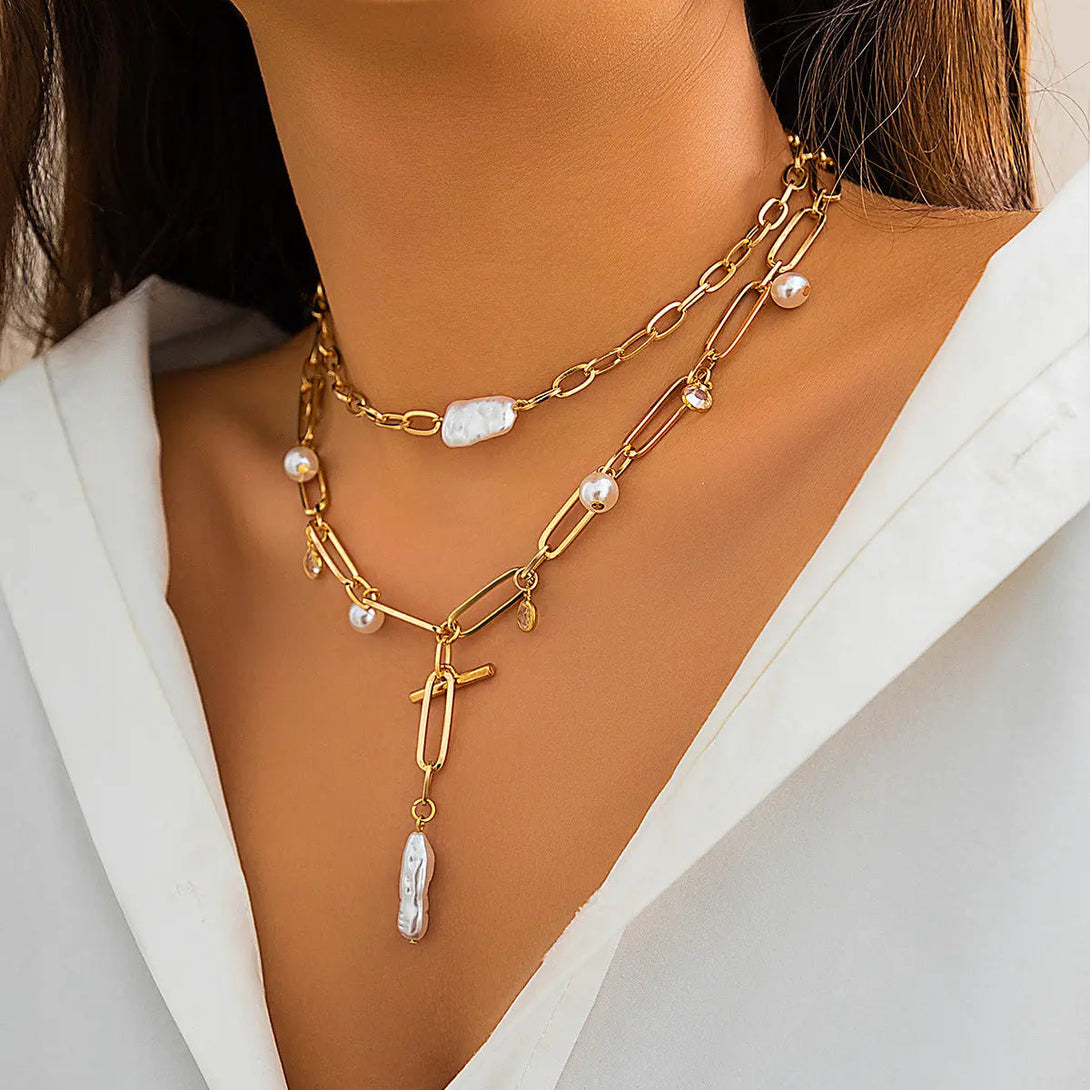 Lovcia Vintage Pearl Baroque Speciality Twin Necklace for Women-Necklaces-Gold 4230-Gold 4230