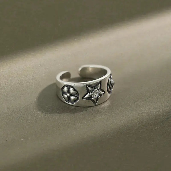 Lovcia Vintage Rose Flower Star Four Leaf Clover CZ 925 Sterling Silver Adjustable Ring-Rings-Vintage-Vintage