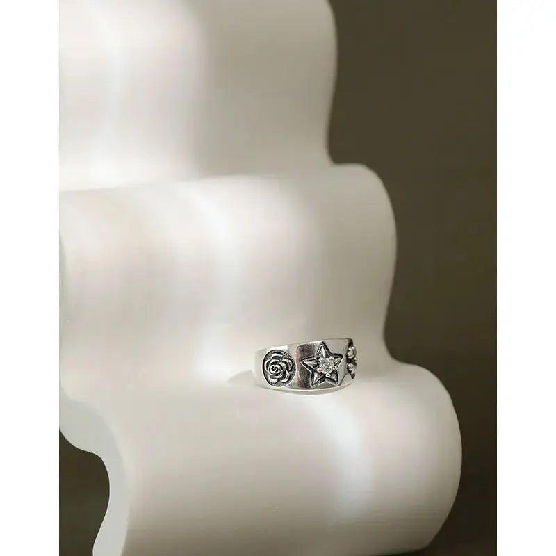 Lovcia Vintage Rose Flower Star Four Leaf Clover CZ 925 Sterling Silver Adjustable Ring-Rings-Vintage-Vintage