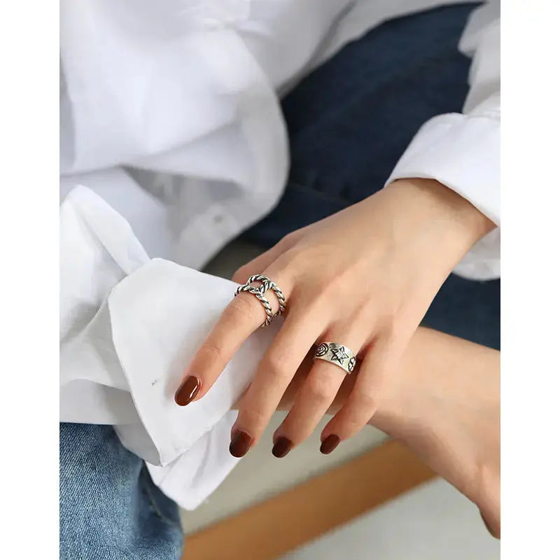 Lovcia Vintage Rose Flower Star Four Leaf Clover CZ 925 Sterling Silver Adjustable Ring-Rings-Vintage-Vintage
