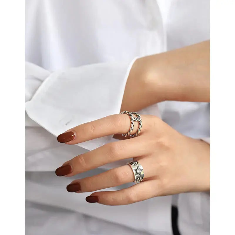 Lovcia Vintage Rose Flower Star Four Leaf Clover CZ 925 Sterling Silver Adjustable Ring-Rings-Vintage-Vintage