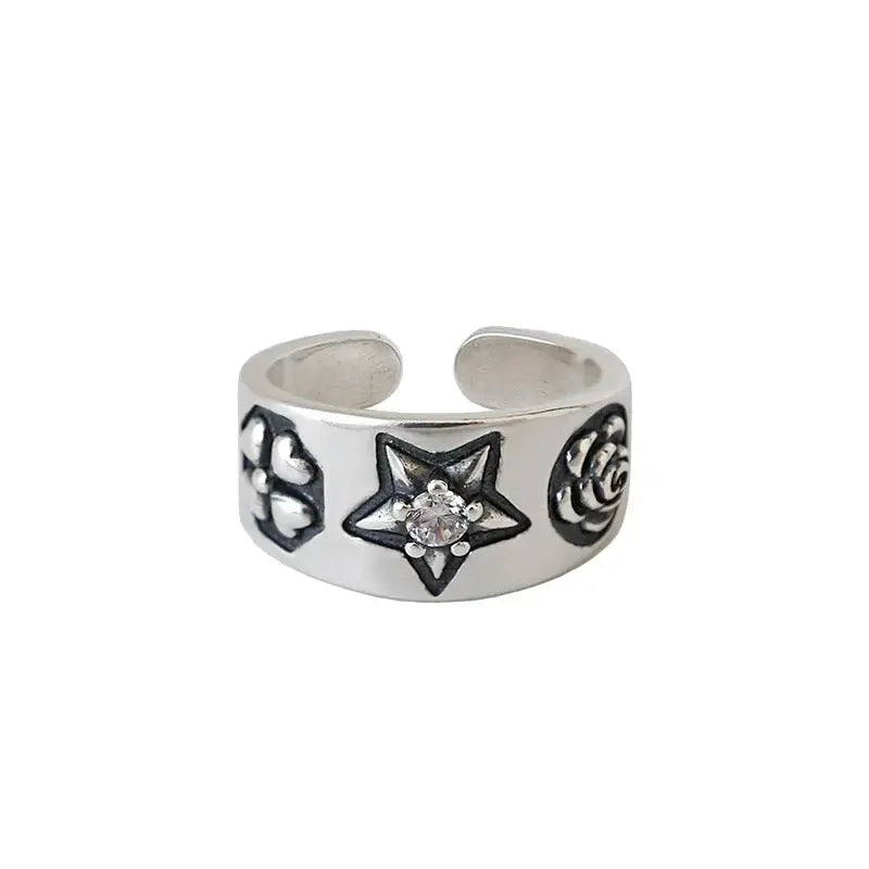 Lovcia Vintage Rose Flower Star Four Leaf Clover CZ 925 Sterling Silver Adjustable Ring-Rings-Vintage-Vintage