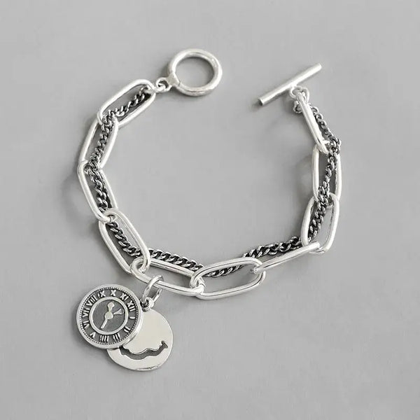 Lovcia Vintage Smile Dangle Paperclip Curb Double Layers Chain 925 Sterling Silver Bracelet-Bracelets-185mm - 190mm-185mm - 190mm
