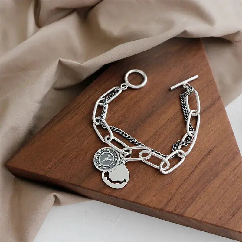 Lovcia Vintage Smile Dangle Paperclip Curb Double Layers Chain 925 Sterling Silver Bracelet-Bracelets-185mm - 190mm-185mm - 190mm