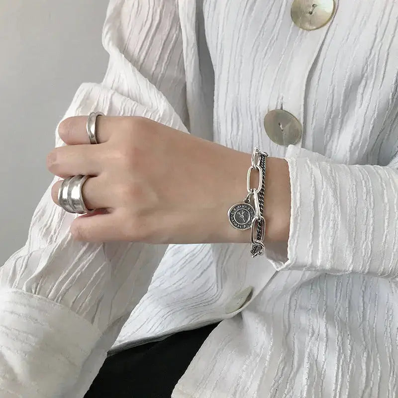 Lovcia Vintage Smile Dangle Paperclip Curb Double Layers Chain 925 Sterling Silver Bracelet-Bracelets-185mm - 190mm-185mm - 190mm