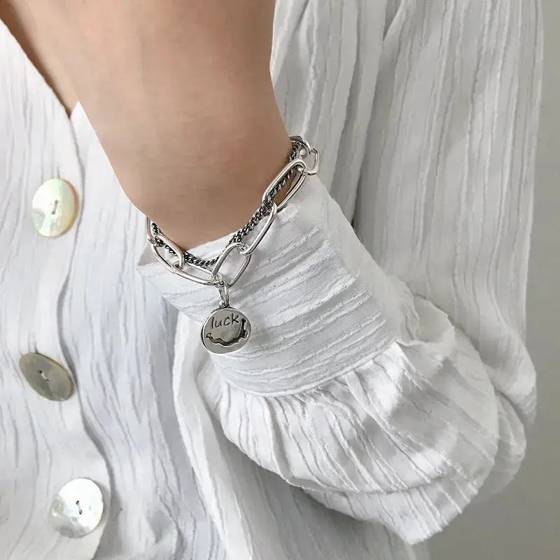 Lovcia Vintage Smile Dangle Paperclip Curb Double Layers Chain 925 Sterling Silver Bracelet-Bracelets-185mm - 190mm-185mm - 190mm