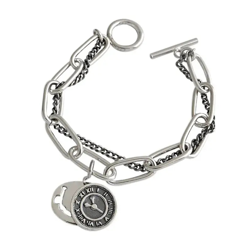 Lovcia Vintage Smile Dangle Paperclip Curb Double Layers Chain 925 Sterling Silver Bracelet-Bracelets-185mm - 190mm-185mm - 190mm