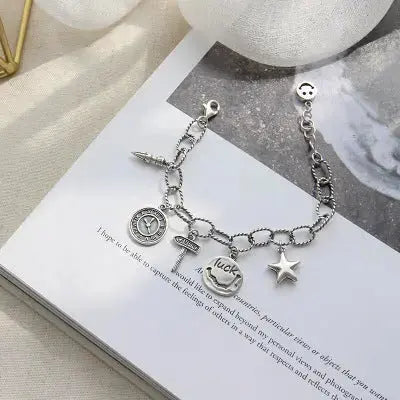 Lovcia Vintage Smile Star Luck Rivet Coin Hollow Chain 925 Sterling Silver Bracelet-Bracelets-Vintage-Vintage