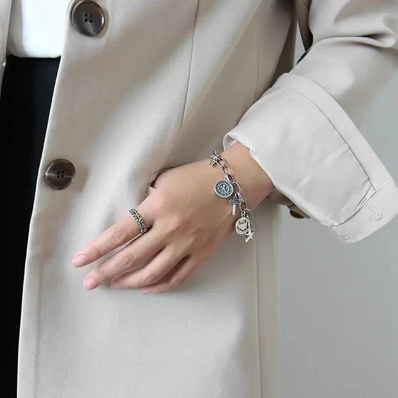 Lovcia Vintage Smile Star Luck Rivet Coin Hollow Chain 925 Sterling Silver Bracelet-Bracelets-Vintage-Vintage