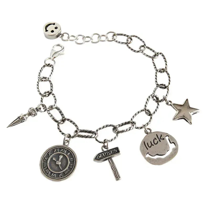Lovcia Vintage Smile Star Luck Rivet Coin Hollow Chain 925 Sterling Silver Bracelet-Bracelets-Vintage-Vintage