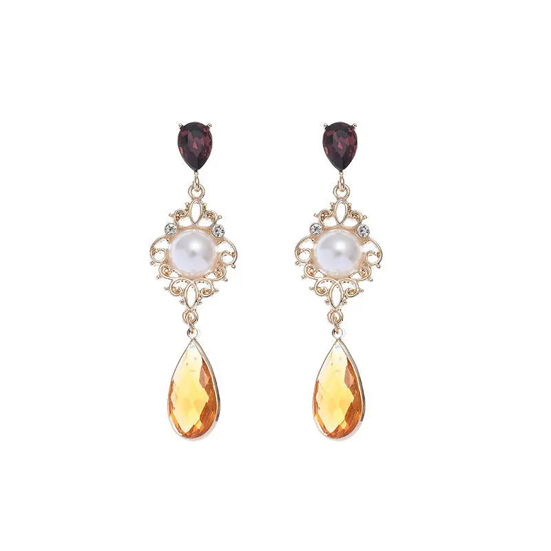 Lovcia Vintage Sterling Silver Pearl Drop Earrings with Gold-Plated Gem Inlays-Earrings-S925 Ear Studs-S925 Ear Studs