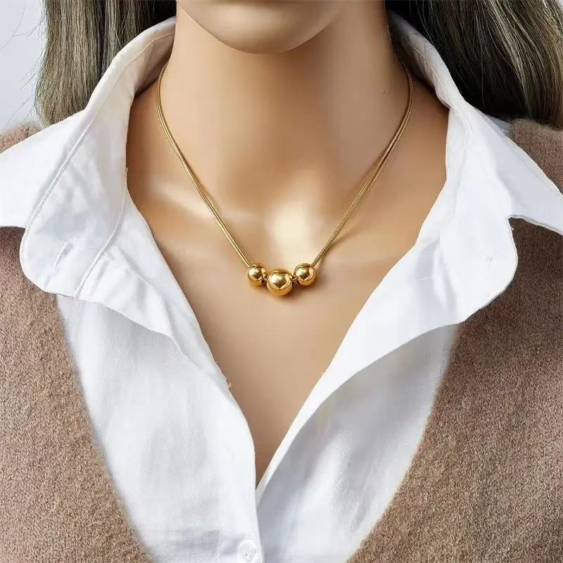 Lovcia Vintage Style Metal Ball 18K Gold Plated Titanium Steel Necklace for Women-Necklaces-Gold-Gold