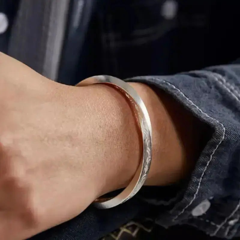 Lovcia Vintage Style Silver Cuff Bracelet for Men – Handcrafted Engraved Patterned Open Bangle-Bracelets-Bright Elegant Silver-16cm-Bright Elegant Silver