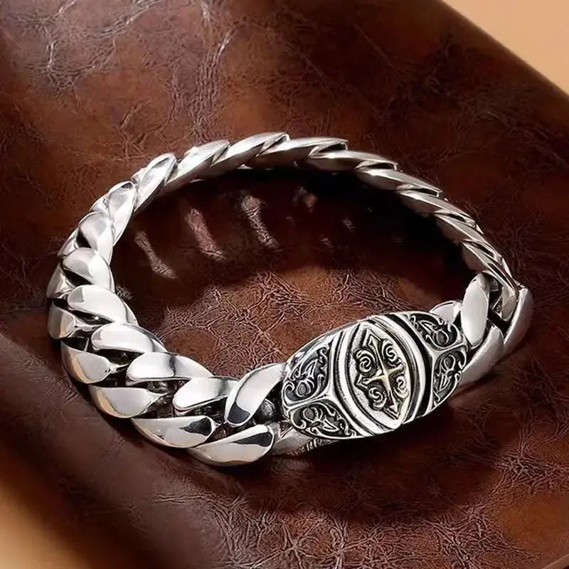 Lovcia Vintage Style Sterling Silver Cross Bracelet for Men-Bracelets-Silver-19 cm-Silver