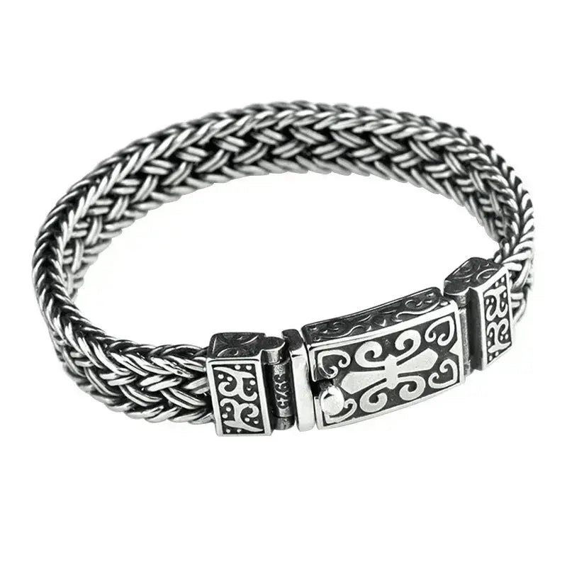 Lovcia Vintage Thick Ring Buckle Interlock Braided Sterling Silver Bracelet for Men-Bracelets-Chain Length 18 cm-Chain Length 18 cm