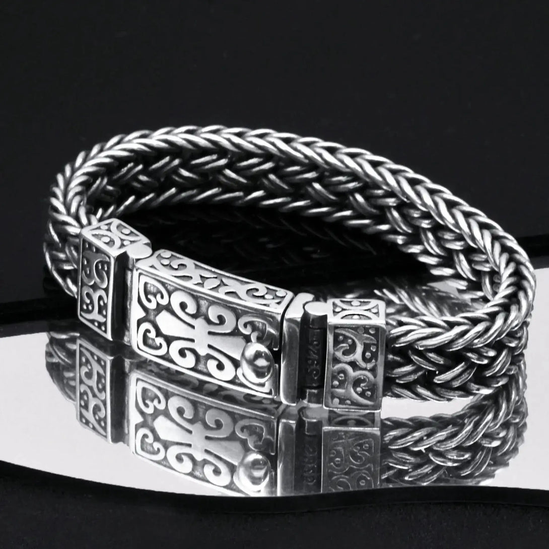Lovcia Vintage Thick Ring Buckle Interlock Braided Sterling Silver Bracelet for Men-Bracelets-Chain Length 18 cm-Chain Length 18 cm