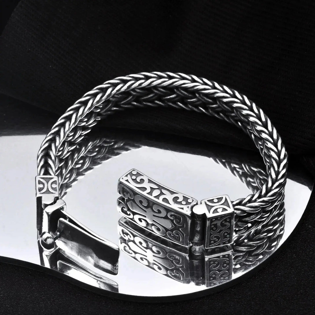 Lovcia Vintage Thick Ring Buckle Interlock Braided Sterling Silver Bracelet for Men-Bracelets-Chain Length 18 cm-Chain Length 18 cm
