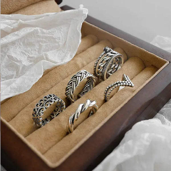 Lovcia Vintage Twisted Flower V Shape 925 Sterling Silver Adjustable Ring-Rings-1804-1804