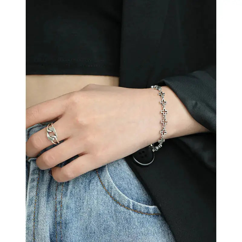 Lovcia Vintage Women Hollow Cross 925 Sterling Silver Bracelet-Bracelets-Vintage-Vintage