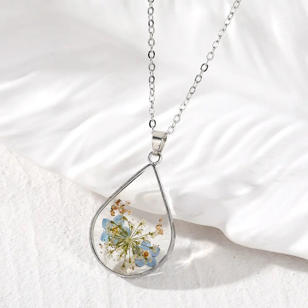 Lovcia Water Drop-Shaped Dried Colorful Flowers Modern Fashion Necklace for Women-Necklaces-Blue Flowers-Blue Flowers