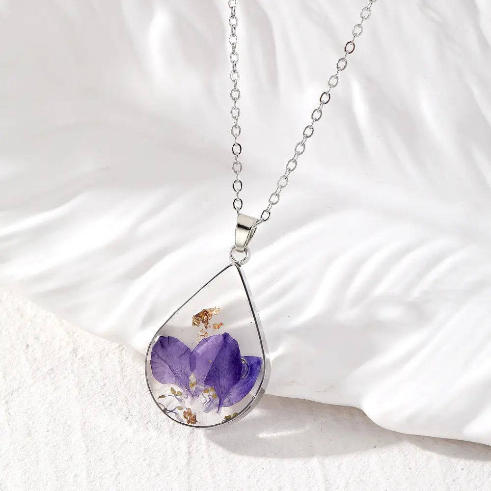 Lovcia Water Drop-Shaped Dried Colorful Flowers Modern Fashion Necklace for Women-Necklaces-Purple Leaves-Purple Leaves