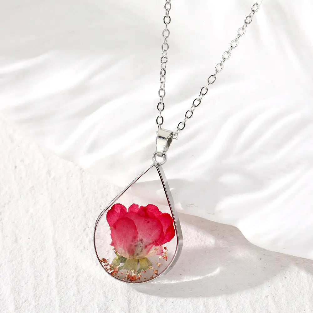 Lovcia Water Drop-Shaped Dried Colorful Flowers Modern Fashion Necklace for Women-Necklaces-Red Flowers-Red Flowers