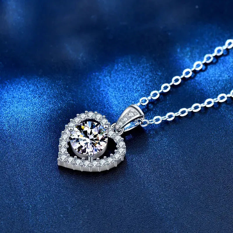 Lovcia Wedding Dancing Moissanite CZ Heart 925 Sterling Silver Necklace-Necklaces-1 ct Moissanite CZ-1 ct Moissanite CZ
