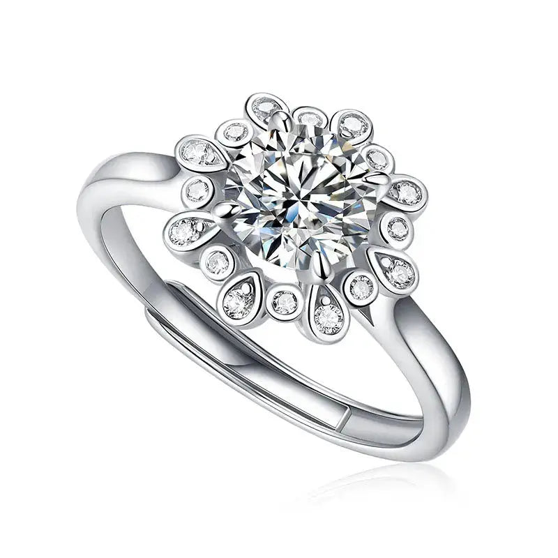 Lovcia Wedding Moissanite CZ Peonies Flower 925 Sterling Silver Adjustable Ring-Rings-1 ct ( Certificate Included )-1 ct ( Certificate Included )