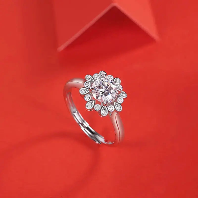Lovcia Wedding Moissanite CZ Peonies Flower 925 Sterling Silver Adjustable Ring-Rings-1 ct ( Certificate Included )-1 ct ( Certificate Included )