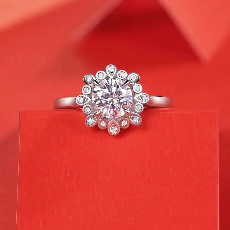 Lovcia Wedding Moissanite CZ Peonies Flower 925 Sterling Silver Adjustable Ring-Rings-1 ct ( Certificate Included )-1 ct ( Certificate Included )