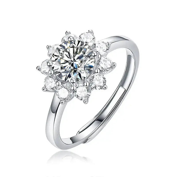 Lovcia Wedding Moissanite CZ Sunflower 925 Sterling Silver Adjustable Ring-Rings-1 Carat (Certificate Included)-1 Carat (Certificate Included)