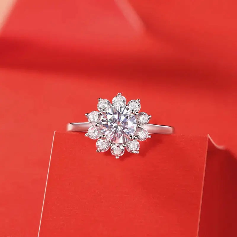 Lovcia Wedding Moissanite CZ Sunflower 925 Sterling Silver Adjustable Ring-Rings-1 Carat (Certificate Included)-1 Carat (Certificate Included)