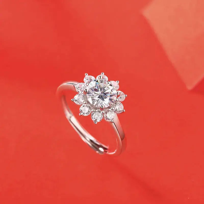 Lovcia Wedding Moissanite CZ Sunflower 925 Sterling Silver Adjustable Ring-Rings-1 Carat (Certificate Included)-1 Carat (Certificate Included)