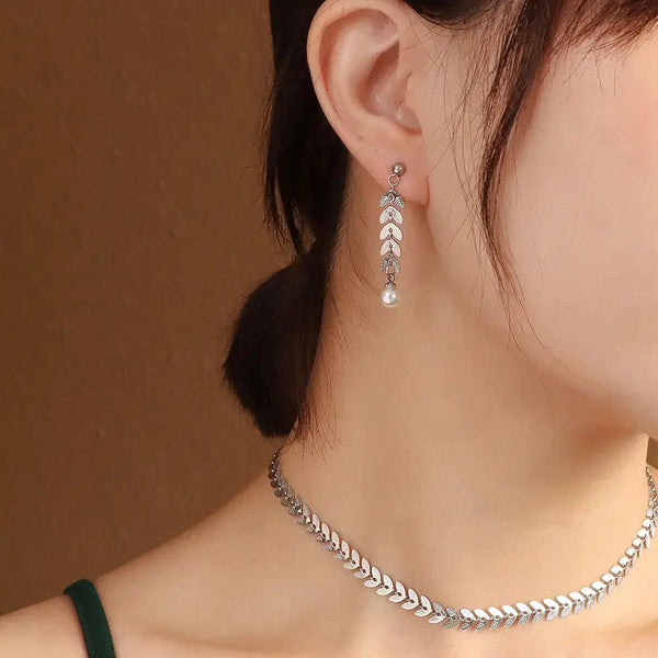 Lovcia Wheat Leaves Phoenix Tail Necklace Pearl Earrings Jewellery, Titanium Steel Plated 18K Gold Color Protection-Necklaces-Steel Earrings-Steel Earrings