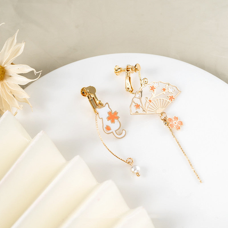 Lovcia Whimsical Floral Design Sakura Fan and Cat Asymmetrical Drop Earrings for Women-Earrings-Ear clips-Ear clips