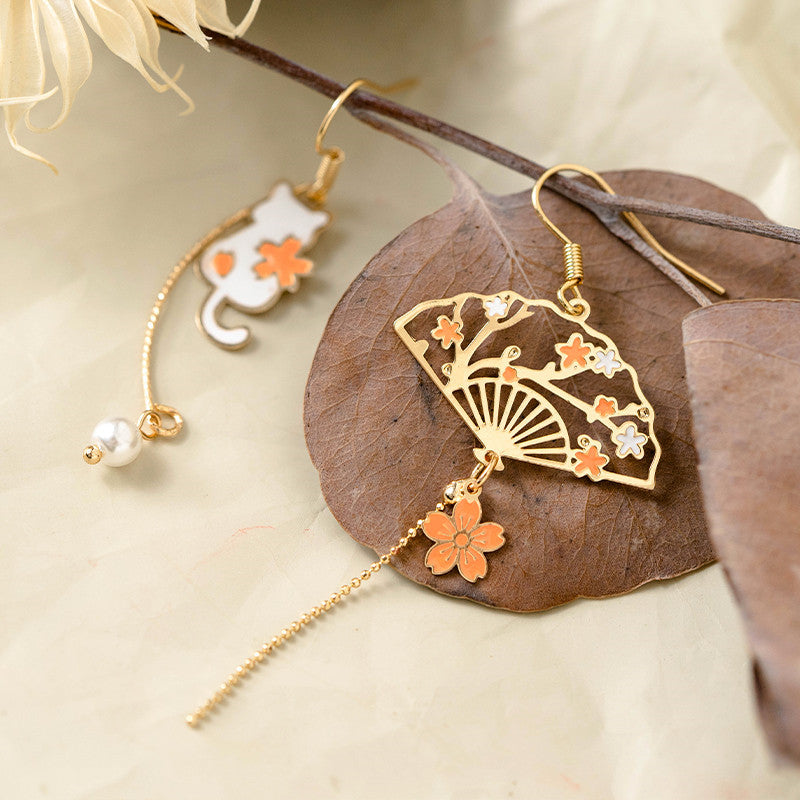 Lovcia Whimsical Floral Design Sakura Fan and Cat Asymmetrical Drop Earrings for Women-Earrings-Ear hooks-Ear hooks