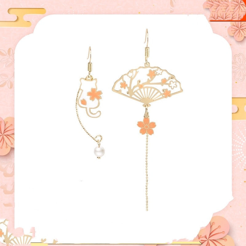 Lovcia Whimsical Floral Design Sakura Fan and Cat Asymmetrical Drop Earrings for Women-Earrings-Ear hooks-Ear hooks